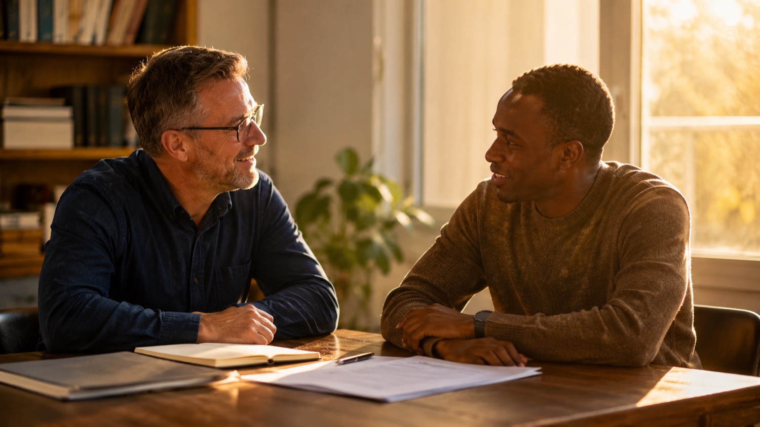 Two ministry colleagues talking warmly side by side in a sunlit room, papers and a notebook on the table between them.