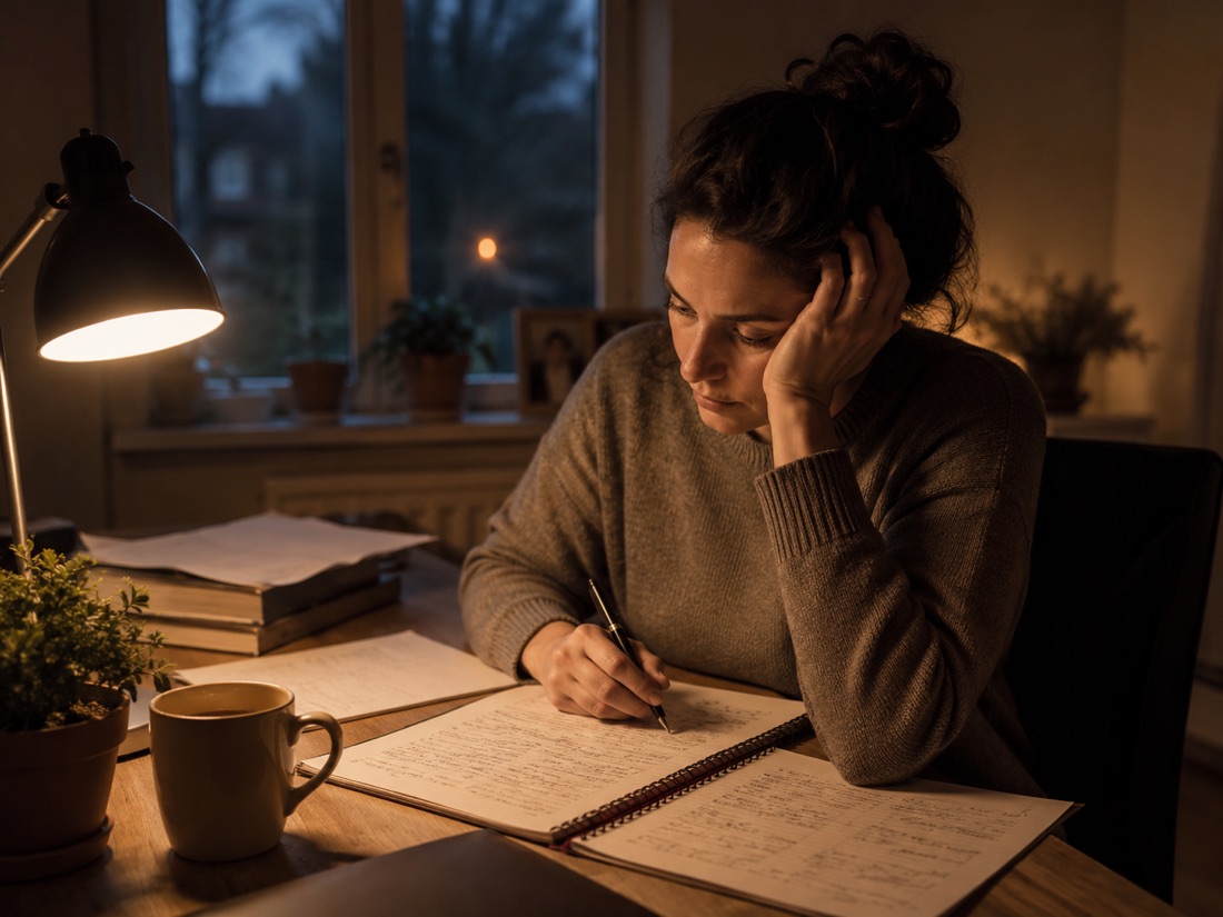 A support raiser working late at a small desk by lamplight, a thoughtful expression and a notebook full of names.