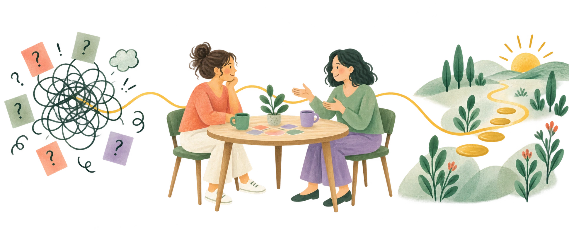 Two people turning honest questions into a clear path forward through a calm coaching conversation.