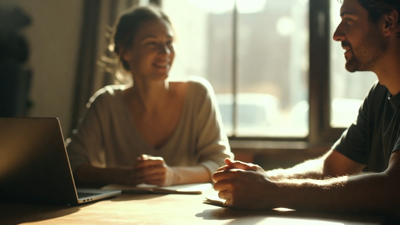 Two people sitting together at a table in a sunlit room having a warm, relaxed conversation.