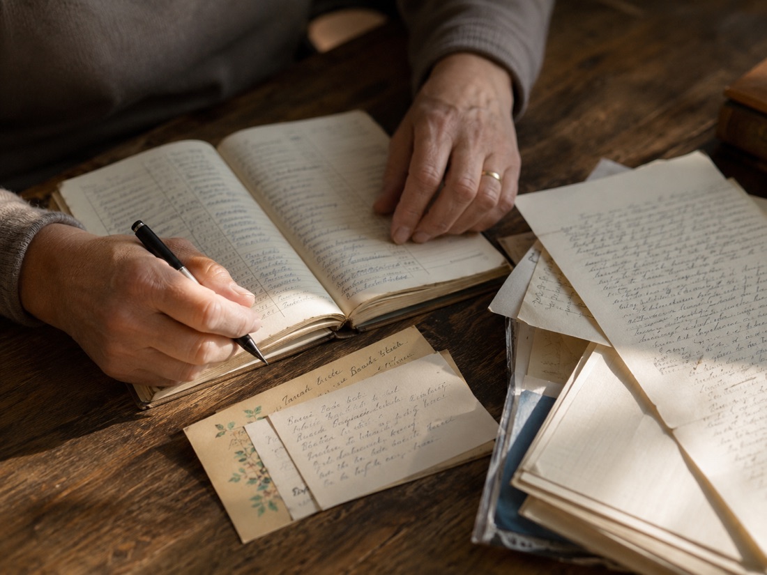 Hands resting on an open address book and a small stack of handwritten donor notes.