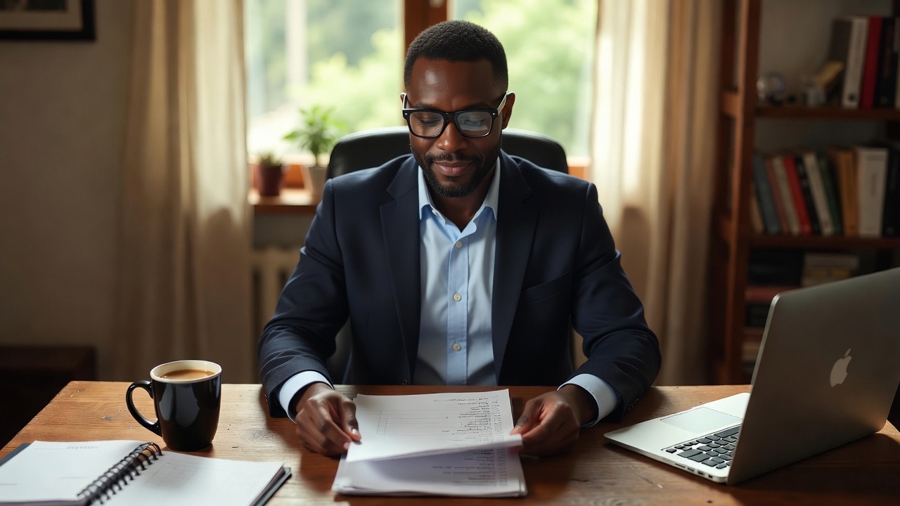 A fundraiser settled into a comfortable weekly working rhythm at a warm desk in natural light, reviewing a list.