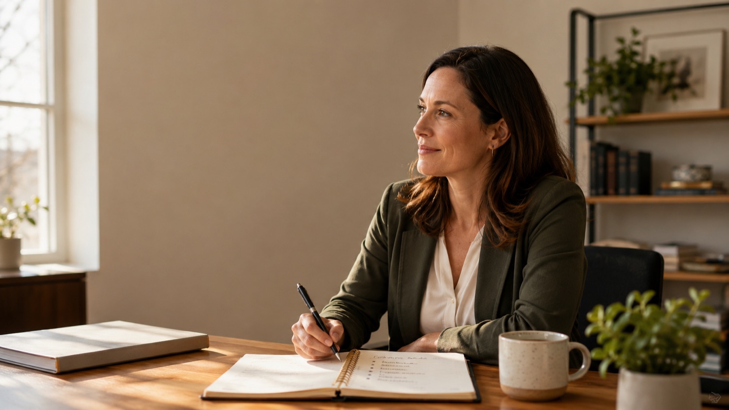 A development staffer at the start of her workday, an open planner and a short handwritten priority list in front of her.